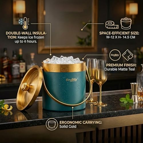 Image of finality 1 LTR Double Walled Stainless Steel Insulated Ice Bucket with Lid (Gold+Dark Green)