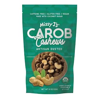 Missy Js Organic Carob Covered Cashews 8 Oz, Vegan Gluten Free, Substitute for Chocolate, Perfect for Snacks and Treats