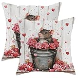 Rat Mouse Throw Pillow Covers 18x18 Set of 2, Soft Valentine's Day Wood Roses Pillow Cases Kit with Zipper, Animal Velvet Home Decor for Couch Sofa Living Room Bed