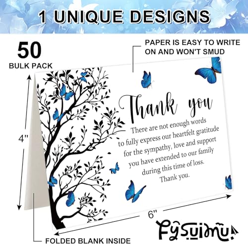 FYSUIMU 50Pcs Funeral Thank You Cards Boxed Blue Butterfly Branch Sympathy Card with Envelope Sticker Bereavement Cards for Memorial Service Loved Ones Celebration of Life