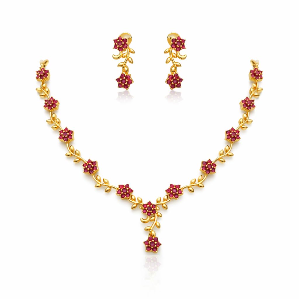 Jewellery Set for Girls and Women | Necklace with Matching Earrings | Micro Gold-Plated | AD CZ Stone Studded | Great for Traditional Outfits and Special Gatherings (Ruby Red)