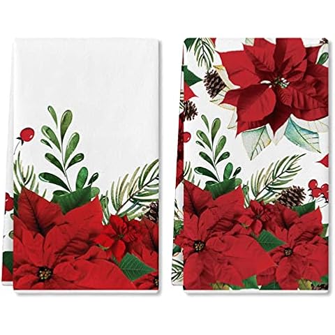 Lebsitey 2 Pack Christmas Kitchen Towels and Dish Towels, 18 x 28 Inch Christmas Poinsettia Red Flower Ultra Absorbent Drying Cloth Tea Towels for Cooking Baking (Poinsettia Red Flower) Cover