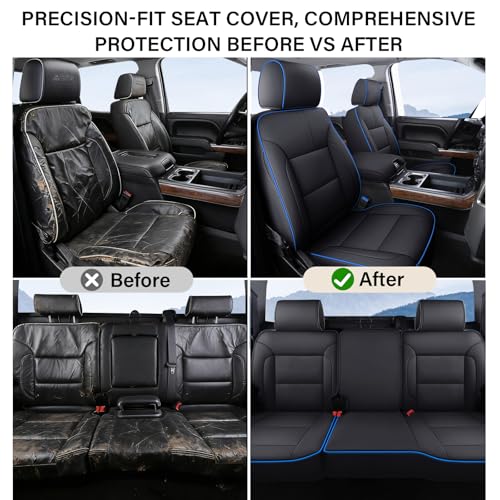 Image of Coverado Chevy Silverado Seat Covers Full Set, Faux Leather Car Seat Covers Fit for 2014-2018 1500, 2015-2019 2500HD 3500HD Chevy Silverado GMC Sierra Crew Double Extended Cab(Blueline)
