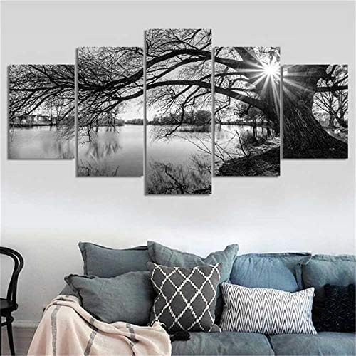 Miniatura 5 de Kit de arte completo de diamantes 5D para bricolaje, árbol blanco y negro, superficie de lago, 5 piezas, kit de arte multidiamante para adultos,
