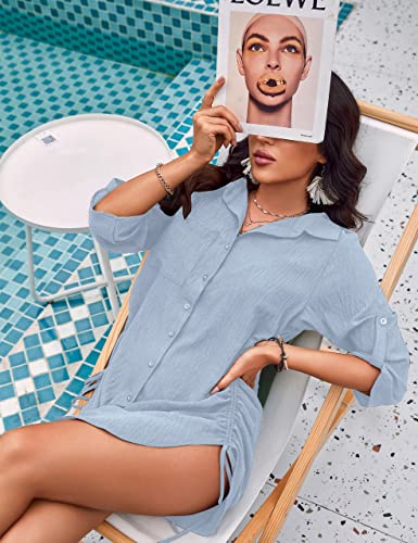 Image of Blooming Jelly Womens Bathing Suit Cover Ups Bikini Swimsuit Coverup Drawstring Button Down Beach Dress Shirt