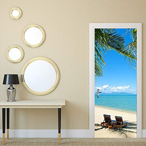 Modern Art Beach 3D Door Sticker, Peel and Stick Vinyl Door Mural Mural Decals for Home Decor, 30.3x78.7"(77x200cm), 2 Pcs Set
