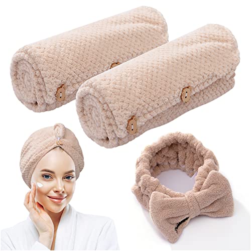 Chillife Premium Set | 2 Serviettes de tête avec bouton et un bandeau pour les cheveux, serviette microfibre salle de bain pour cheveux longs | accessoire de bain serviette de douche, taille ajustable Cover