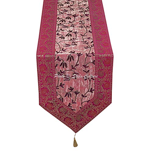 Image of Decorative Dining Table Runner Magenta Purple 6 Feet Party Decor Floral 72 Inch Long Banarsi Brocade Jacquard Embroidered Ari Zari Tablecloth Rectangle (72 x 14 Inch)