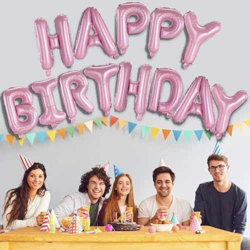 Image of Happy Birthday Balloons Banner Pink 16 Inch Mylar Foil Letters