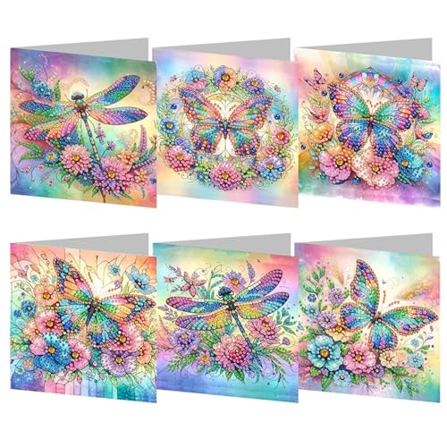 6pcs Diamond Art Cards DIY Crystal Painting Art Greeting Cards Kits Diamond Painting Tools Whit Envelopes Butterfly Plant Mosaic Festival Craft Gift