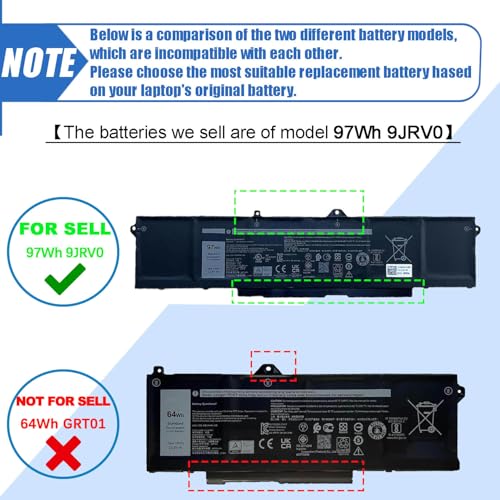 Image of 9JRV0 97Wh Battery Replacement for Dell Latitude 5521 5531 Precision 3561 3571 3581 Alienware m17 R5 AMD m18 R1 R2 m18 R1 AMD Series Laptop 0P3TJ 0R05P0 05RGW