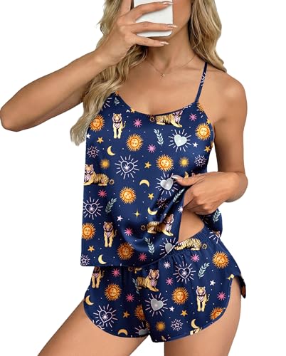 Image of Ekouaer Silk Pajamas Set for Women Satin Backless Lingerie Pjs Cami Top and Shorts Nightwear