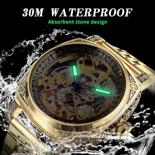 Image of FORSINING Fancy Watches for Men, Square Retro Mechanical Watch Self-Wind Carved, Gear Movement Golden Skeleton Automatic Watches Vintage Leather Strap Wrist Watch