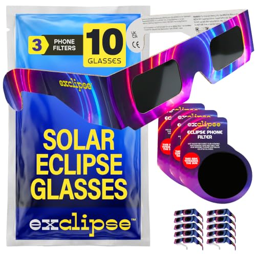 exclipse Sonnenfinsternisbrille 10er-Pack mit Handy-Filter – ISO 12312-2 & CE & UKCA-zertifiziert, Sichere Sonnenbeobachtung + 3 Smartphone Filter Set, AAS 2026