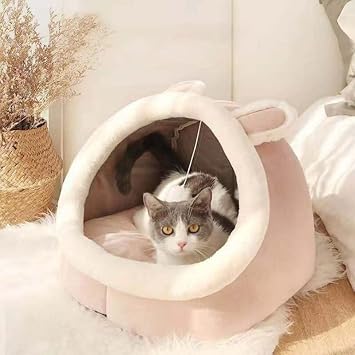 EHOTER Cat Beds for Indoor with Hanging toy Small Dog Cave Bed Kitten Tent House Removable Cushioned Pillow Super Soft Calming Pet Sofa Mats Ideal for Cats and Puppy or Rabbit Pink-S