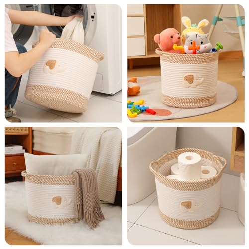 Image of Toy Storage Baskets Woven Cotton Rope Storage Basket for Kids, Blanket Baskets for Living Room Toy Basket Box Toys Organizer with Embroidery Decor Cute Baskets for Nursery, Playroom (Elephant)