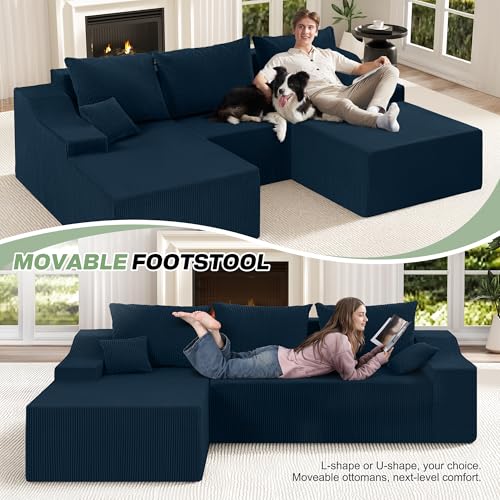 Image of HABUTWAY 94 inch U Shaped Modular Sectional Couch for Living Room, Modular Cloud Sofa with Ottoman, No Assembly Boneless Couches with Deep Seat, Corduroy Fabric (Blue, Left Facing)