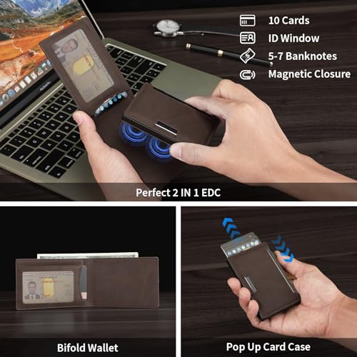 BAIGIO Airtag Wallet for Men, 2 in 1 Detachable MagSafe Minimalist Wallet, Magnetic Pop Up Card Holder, RFID Blocking Smart Bifold Wallets for 10 Cards & Cash with ID Window, Mens Gift, Dark Brown2