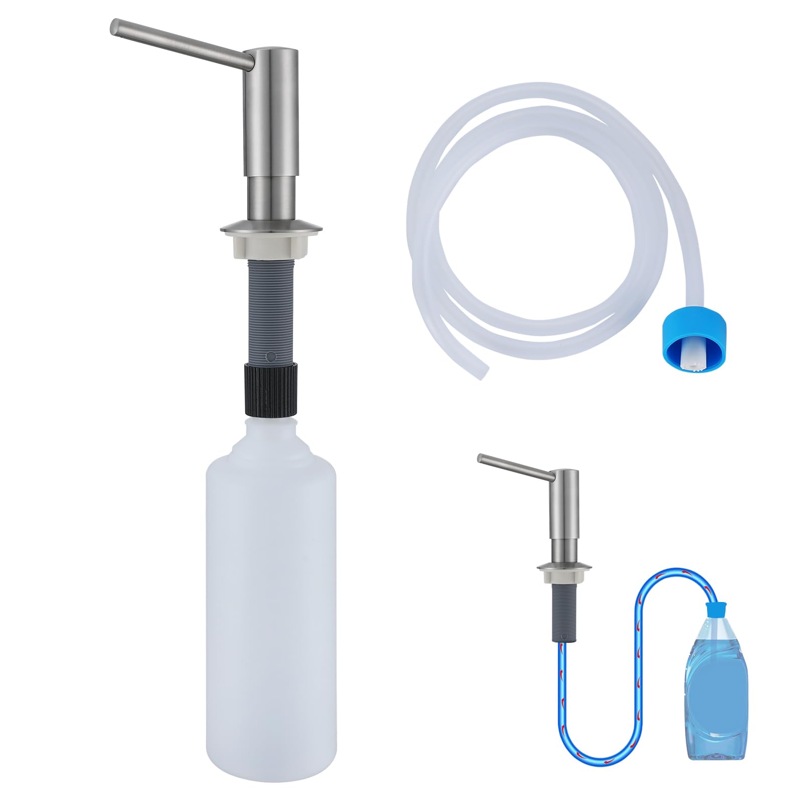 Kitchen Sink Soap Dispenser, Stainless Steel Built-in Soap Dispenser with 500ml Refillable Bottle & 1M Extension Tube, 360° Swivel Pump for Kitchen Sink, Countertop, Dish Soap, Lotion & Detergent