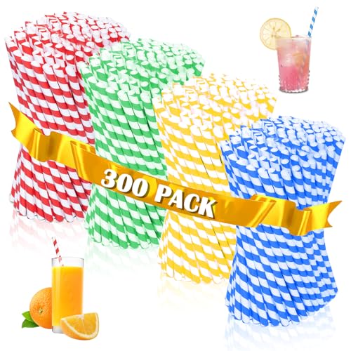 300 Stück Papierstrohhalme, Bunte Papier Trinkhalme, Bunter Druck Trinkhalme, Baumschmuck Strohhalme für Neujahr, Urlaub, Party, 4 Farben