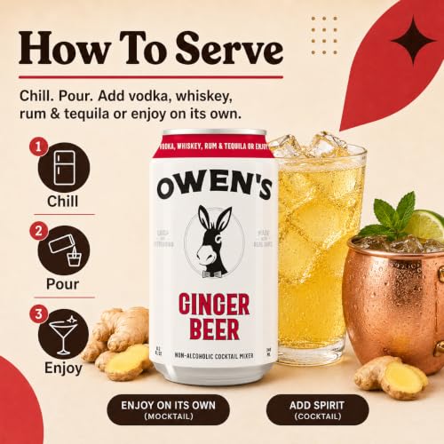 Image of Owen's Premium Non-Alcoholic Sparkling Cocktail and Mocktail Mixer, Drink Mixer for Cocktails, Mocktails, and Party Beverage, 24 Pack of 8.2 fl oz Cans (Ginger Beer)