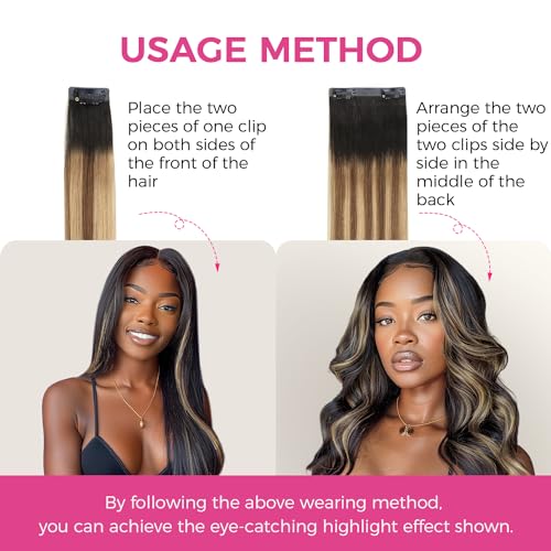 Lashey Ombre Balayage Ash Brown Highlighted Honey Blonde with Natural Black Dark Roots Seamless Clip in Hair Extensions Human Hair 4pcs 58g 24 Inch Straight Highlight Effect Hair Extensions