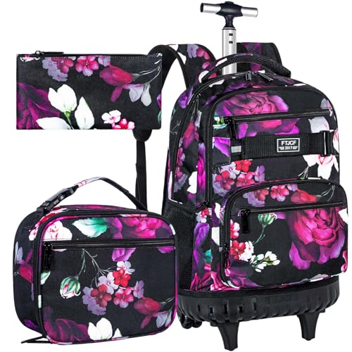 FTJCF 3Pcs Rolling Backpack for Girls, 19 Inche Rose Roller Bag with Wheels, Adults Wheeled Bookbag Set for Women(Black)