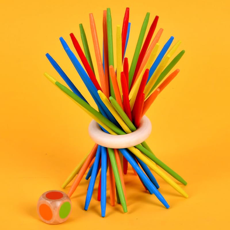100Stk Mikado Spiel mit Farbwürfel für Familienfeiern, Camping und Junggesellinnenabschied, Geschicklichkeitsspiel für Kinder und Erwachsene