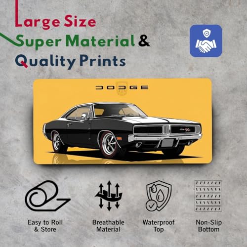 Image of Moto Edition Desk Mat 23x11 Inch - Racing-Themed Keyboard & Mouse Pad for Office, Home & Gaming | Non-Slip Rubber Base, Waterproof Surface, Supercar & Bike Inspired Table Mat (Classic Dodge)