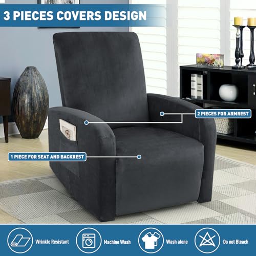 Image of ZNSAYOTX 2026 Velvet Small Recliner Cover 3-Piece, Luxury Plush Recliner Chair Covers with Elastic Band & Ties Stay in Place, Stretch Reclining Slipcover for Lazy Boy Soft Washable (Black)