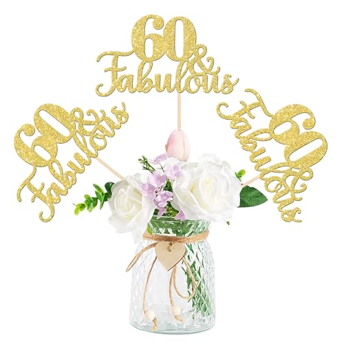 12 PCS 60 and Fabulous Centerpiece Sticks Double Sided Happy 60th Birthday Table Flower Centerpieces Sticks Cheers to 60 Floral Decorations for 60th Birthday Anniversary Party Supplies Gold