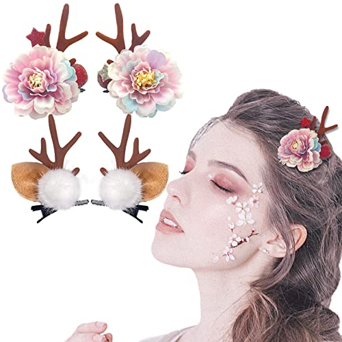 Christmas Reindeer Antler Hair Clips 2 Pairs Cute Deer Hairpins with Berry Deer Horn Ears Flower for Christmas Girls Women Headdress Cosplay Party Accessories