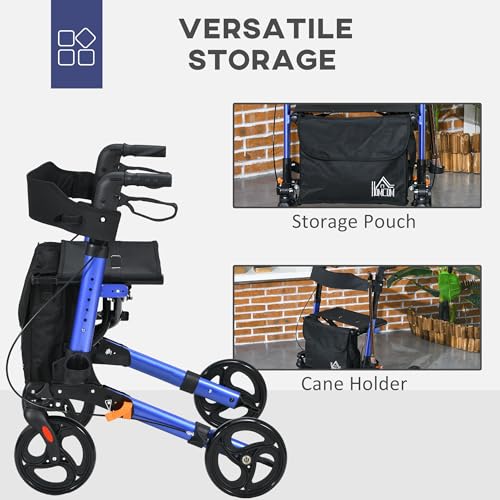 Homcom 4 Wheel Rollator With Seat And Back, Folding Mobility Walker With Carry Bag, Adjustable Height, Dual Brakes, Cane Holder, Lightweight Aluminium Walking Frame For Seniors And Disabled, Blue - 5