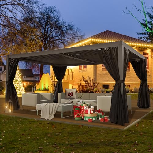 Domi-Louvered-Pergola-12–16-Outdoor-Aluminium-Pergola-with-Adjustable-Roof-Curtains-and-Netting-Hardtop-Gazebo-for-Patio-Deck-Garden-Yard-BeachGray Domi Louvered Pergola 12–16 Outdoor Aluminium Pergola with Adjustable Roof Curtains and Netting Hardtop Gazebo for Patio Deck Garden Yard BeachGray