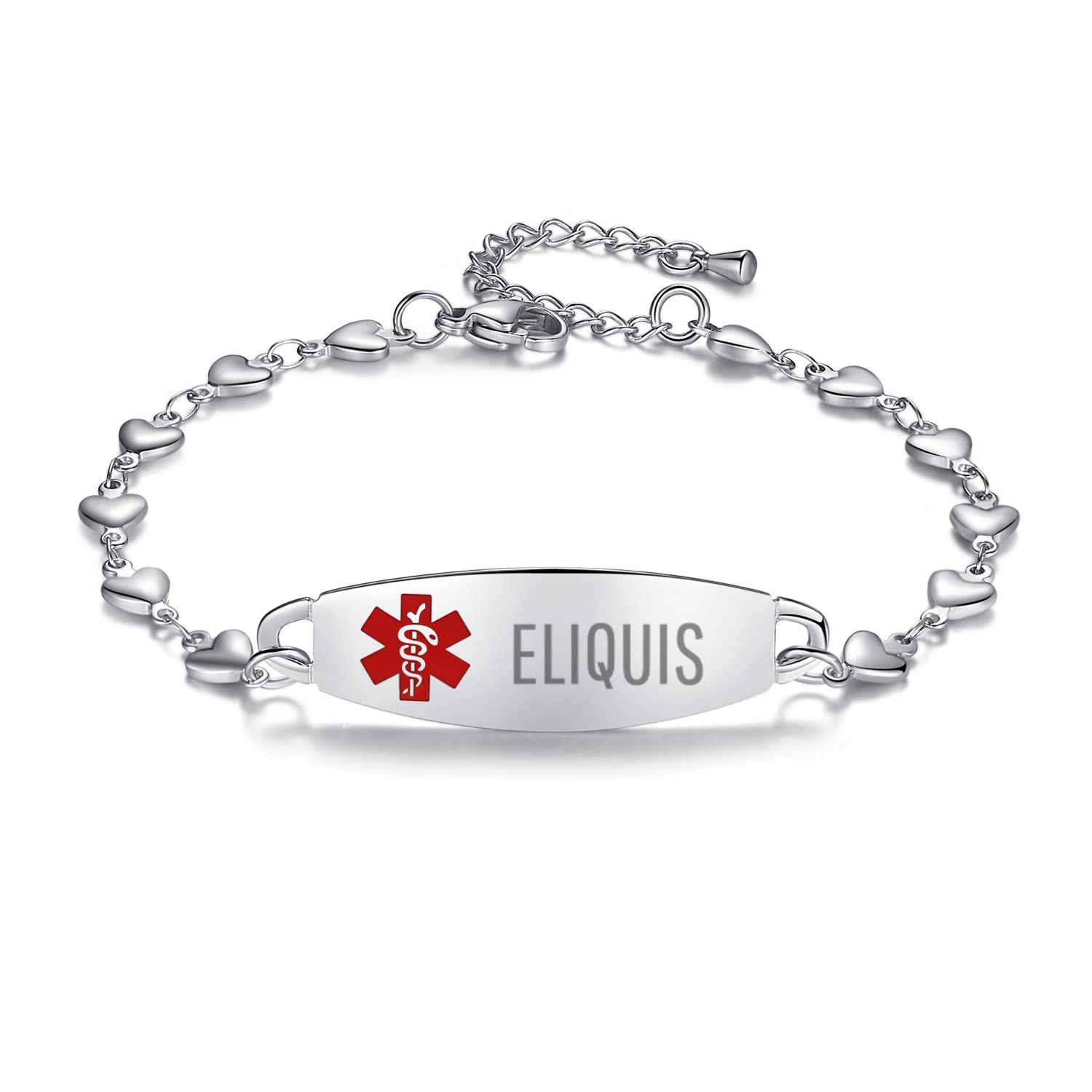 Medical Alert Bracelet for Women, Silver Heart Link ID