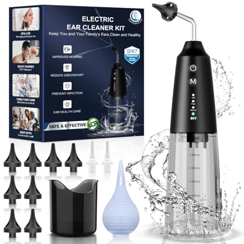 Ear Wax Removal Tool, Electric Ear Irrigation Flushing System - Safe & Effective, Showerproof, 4 Pressure, DIY, Rechargeable Ear Cleaner Earwax Removal Kit with Bulb Basin & 10 Tips, Christmas Gift