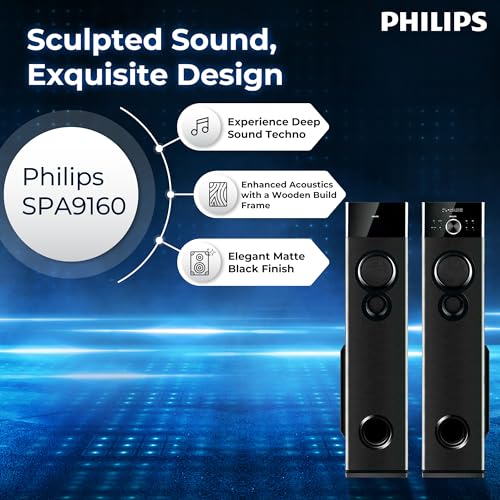 Image of Philips Audio SPA9160 2.0CH 160W Multimedia Tower Speakers with Wireless Microphone,Multi-Connectivity Option with Supporting USB, AUX, FM,Mic & Thumping Bass with Karaoke(Black)