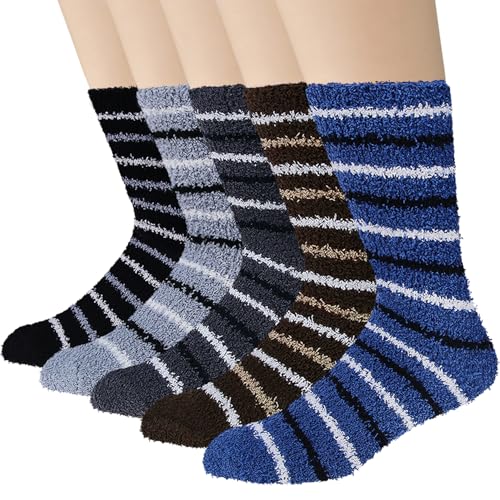 Loritta Mens Fuzzy Socks, Warm Winter Fluffy Cozy Slipper Fleece Socks for Men, ZC-Mixed Color Stripes(5 Pairs)