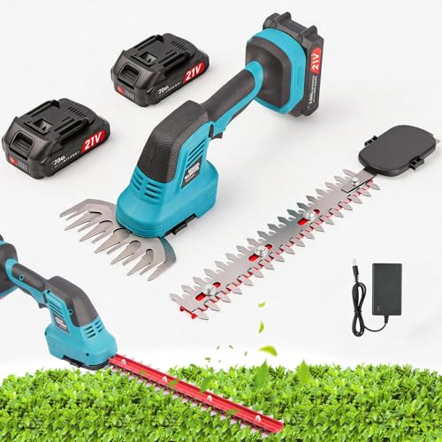 Tagliasiepi a Batteria 2 in 1 con 2 Batterie 2000mAh, Tagliabordi a Batteria con 2 Lame,Taglia Siepe Giardino a Batteria con Blocco di Sicurezza, Tagliasiepi Elettrico per Siepi, Bordi e Prato