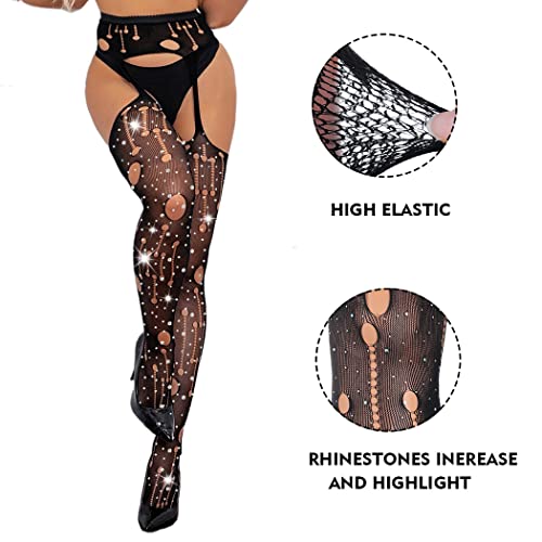 Image of CanB Rhinestone Fishnet Stockings High Waist Tights Sexy Fishnets Thigh Suspender Pantyhose Stockings for Women and Girls