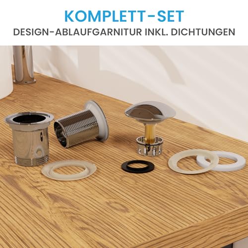 Bächlein Design Ablaufgarnitur ohne Überlauf (Chrom) - Pop Up Ventil aus Messing mit innovativer Kappenform gegen Wasserflecken Kalkränder