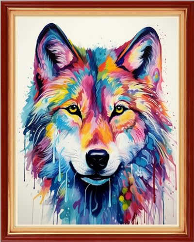 Image of Dooxvey Cross Stitch Kits for Adults Stamped Full Range of Embroidery Starter Kits for Beginners 11CT Printed Cross Stitch Patterns Needlepoint Kits Stamped Crossstitching-Rainbow Wolf 16x20 inch