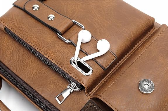 Image of Handcuffs Sling bag for Man & Woman With Earphone Port | PU Leather Cross Body Travel office Messenger| One Side Shoulder Bag with Adjustable Strap (Rust)