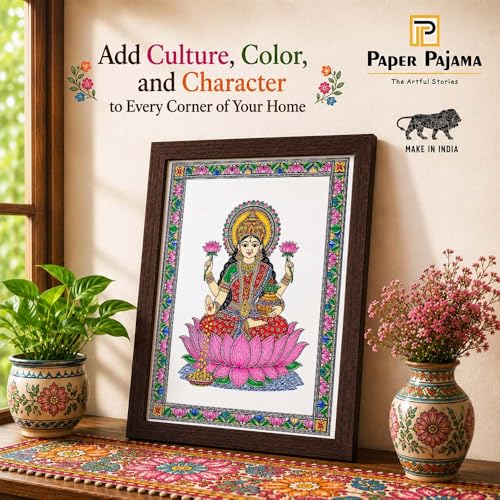 Image of PAPER PAJAMA Goddess Lakshmi Vastu Wall Art for Living Room | Madhubani Lakshmi Mata Painting on Lotus | Traditional Mithila Religious Framed Decor for Home, Office & Pooja Room (10x13 Inches)