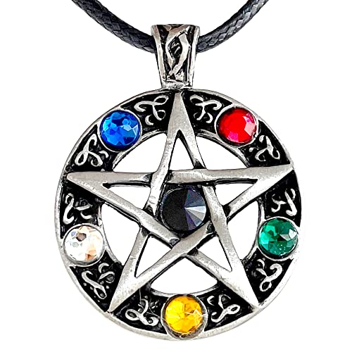 Wu-Xing Feng-Shui 5 Elements Celtic Pentagram Pentacle Star Crystal Pagan Silver Pewter Men's Pendant Necklace Protection Amulet Wealth Fortune Lucky Charm Safe Travel Talisman with Black Leather Cord