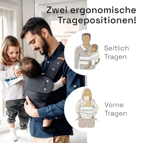 marsupi Classic Babytrage - Neugeborene von der Geburt bis zu 15 kg - Baby Erstaustattung - Klett-Verschluss - Leicht und Kompakt - Grey S/M