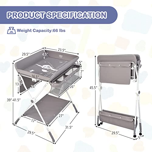 Baby Joy Baby Changing Table, Height Adjustable 4 In 1 Folding Diaper Station W/Detachable Wheels, Safety Belt, Storage Rack & Bag, Waterproof Pad, Portable Nursery Organizer For Infant Newborn, Gray #TOP5