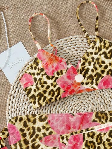 Image of RoseSeek Girls 3 Piece Bikini Set with Beach Skirt Floral Leopard O-Ring Padded Swimsuit for Teen Girls