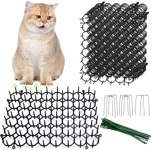 Katzenabwehrmatte – 20,3 x 15,2 cm Dornengitter gegen Katzen, 12 Stück, hält Katzen von Topfpflanzen fern, mit 8 U-förmigen Heringen und 20 Kabelbändern, für Katzen vertreiben Gart