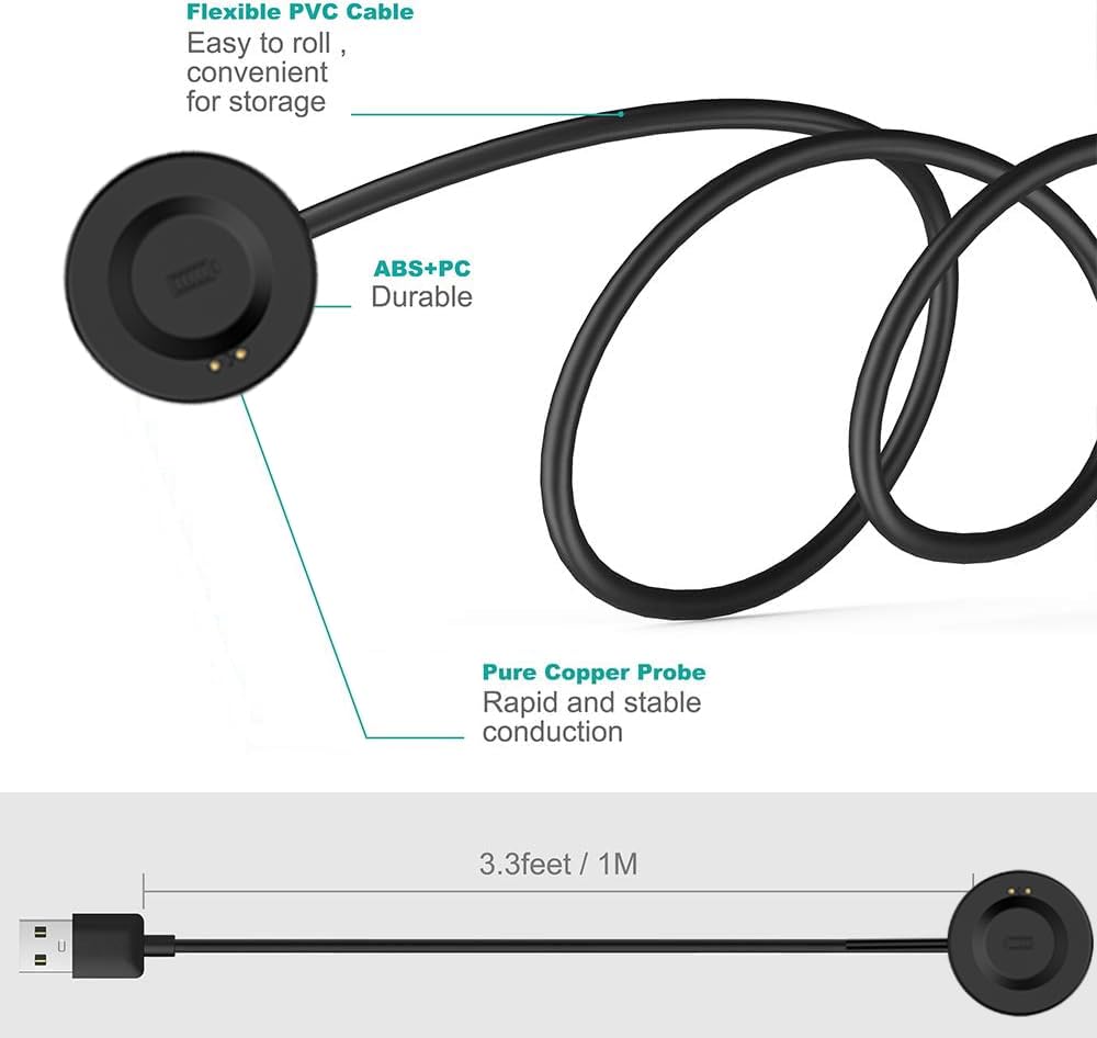 Compatible for iTECH Fusion 2 Charger, 3.3ft/100cm Replacement USB Charging Cable for iTech Fusion 2 SmartWatch Charger Cord Dock Adapter, Black